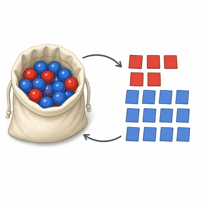 A bag with red and blue marbles is matched to colored slips for a simulation.
