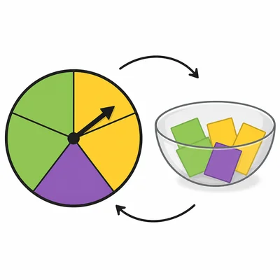 A colored spinner is shown with matching colored slips of paper for simulation.