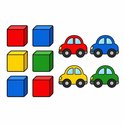 Six blocks and four toy cars to compare.