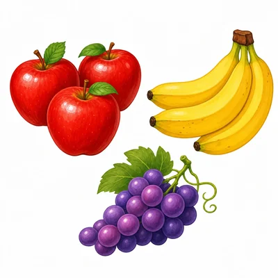Apples, bananas, and grapes shown as fruit choices.