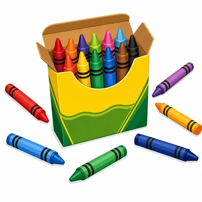 Red, blue, and green crayons in and around a crayon box.