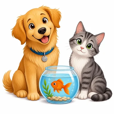 A dog, a cat, and a fish in a bowl.
