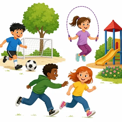 Recess activities including soccer, jump rope, and tag.