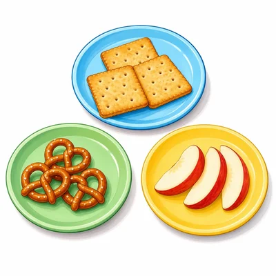 Crackers, pretzels, and apple slices on plates.