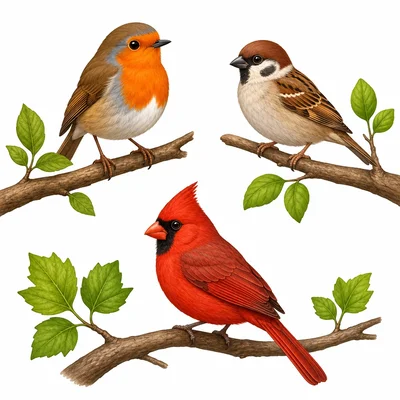 A robin, a sparrow, and a cardinal on branches.