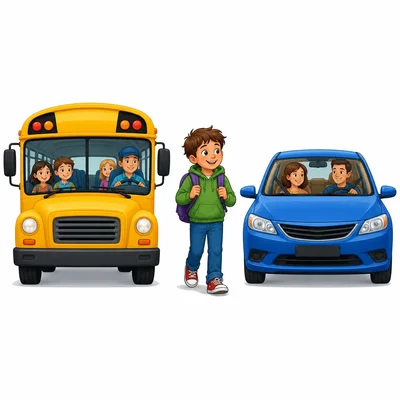 A school bus, a walking student, and a car.
