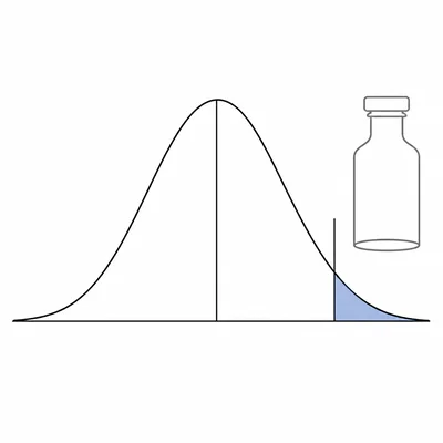 Normal curve for bottle fill amounts with the top right tail shaded.