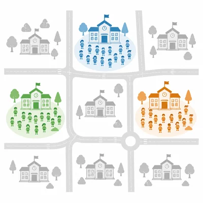 Several schools are shown, with a few entire schools highlighted.
