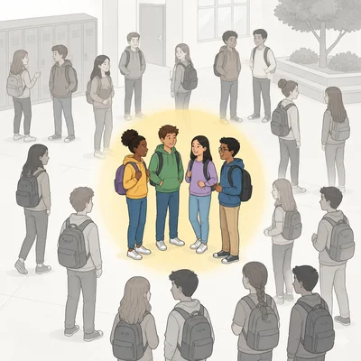 A large group of students with a smaller highlighted subset.