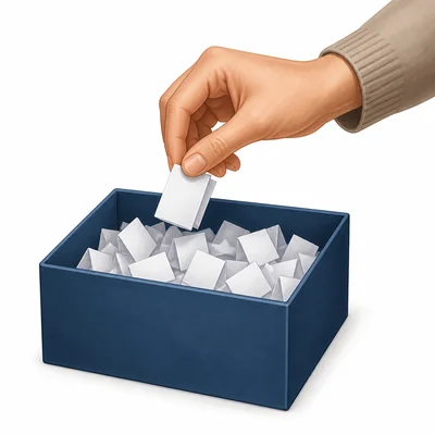 A hand draws a folded paper slip from a box of names.