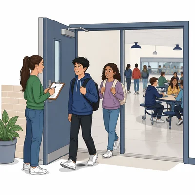 A student with a clipboard surveys students entering a cafeteria.