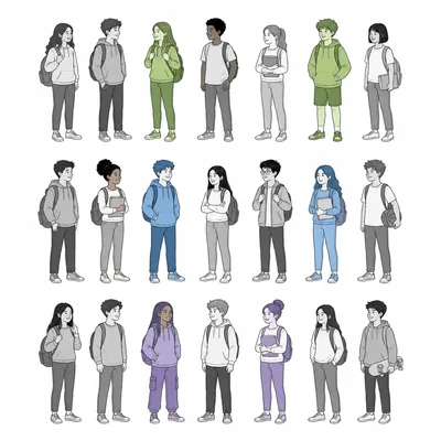 Three student groups with some students highlighted from each group.